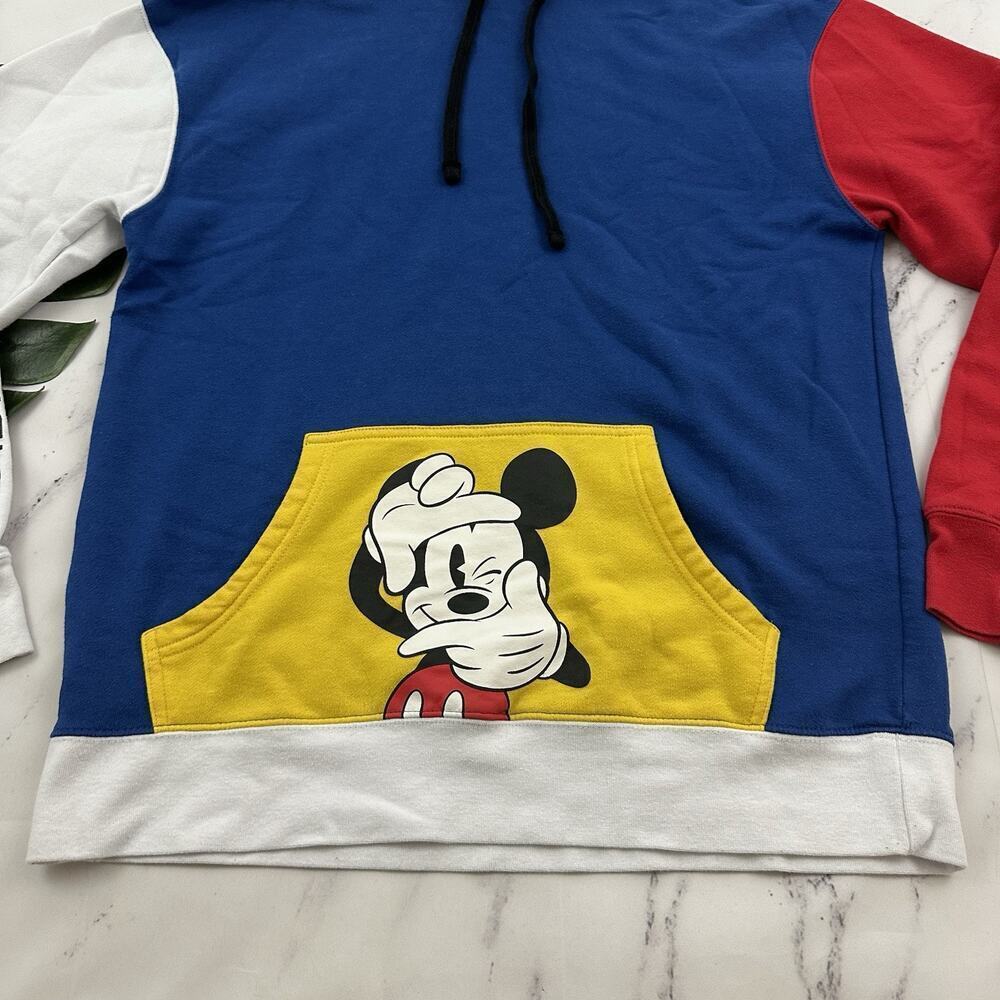 Disneyland Mens Color Block Hoodie Sweatshirt Size M Blue Red Mickey Pullover - Picture 5 of 12